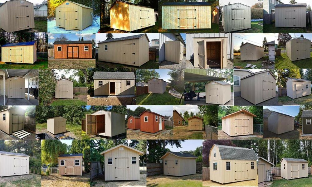 A photo collage of sheds
